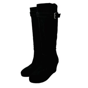 BODEN Black Suede Wedge Heel Tall Boots Sz 39 US 8 Zip‎ Buckle Leather Luxury